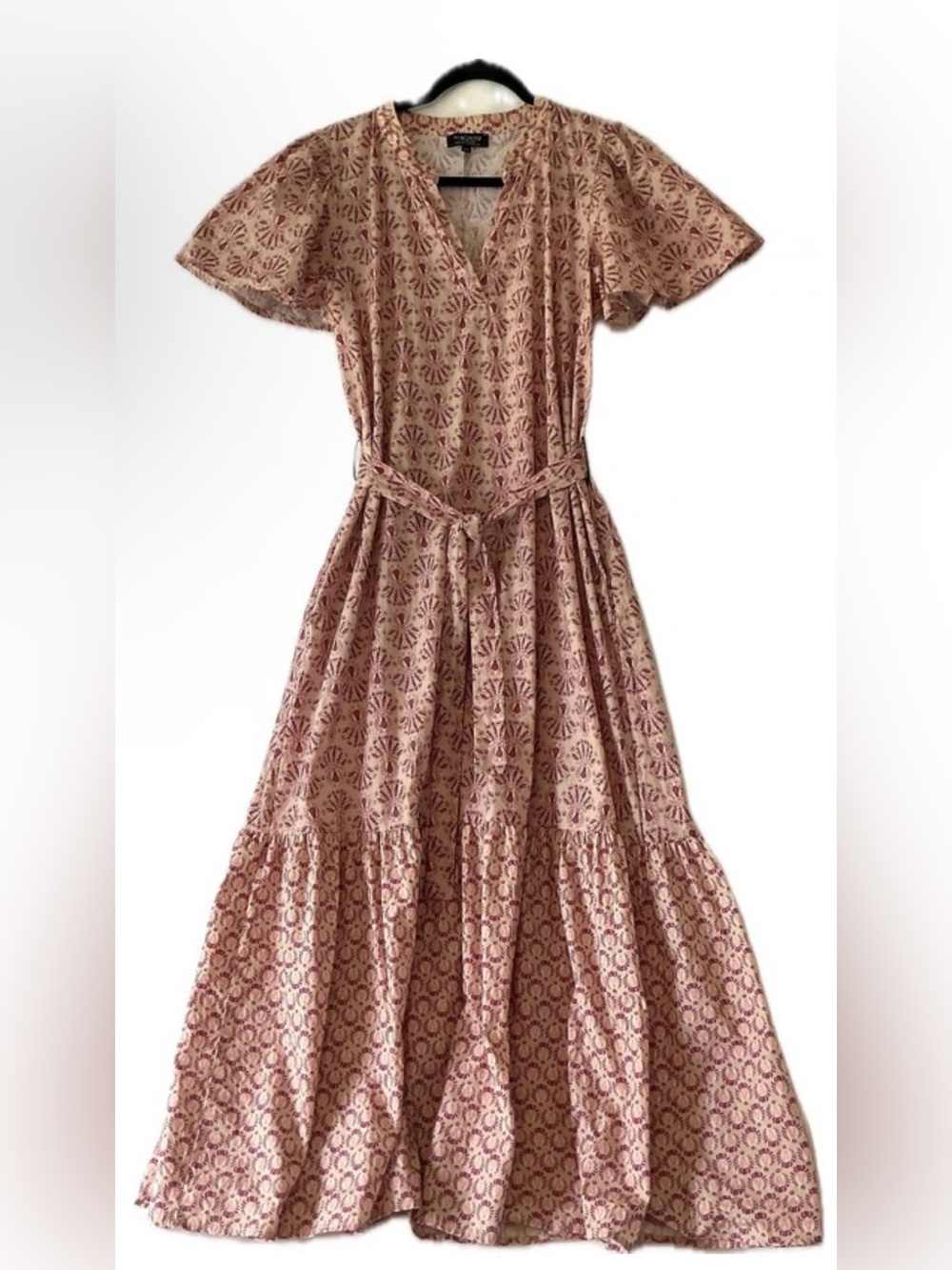 Magar Lt Pink/Ruby Floral/Paisley Maxi Dress SzM Flutter Slv Pockets Ruffle Tier